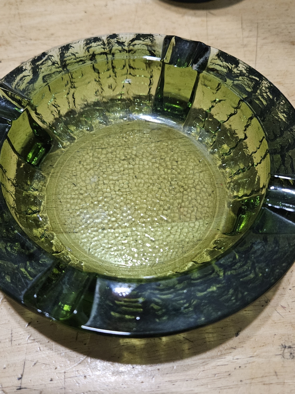 Blenko Art Glass Green Ashtray Footed Textured Trinket Candy Dish 1960s